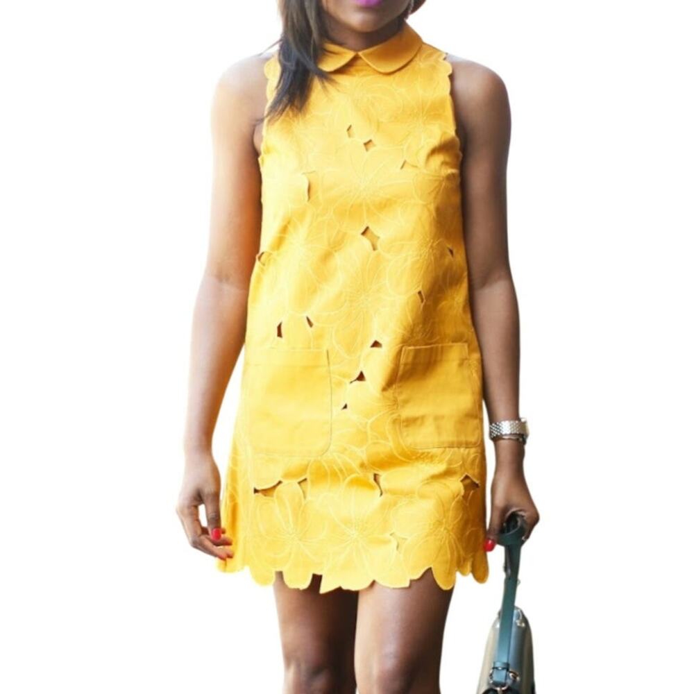 ModCloth Fervour XL Mustard Floral Cutwork Peter Pan Collar Mod Dress